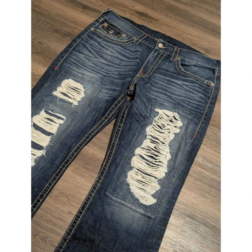 True Religion Straight Leg Distressed Jeans Mens 38 Dark Wash Ripped Denim Blue